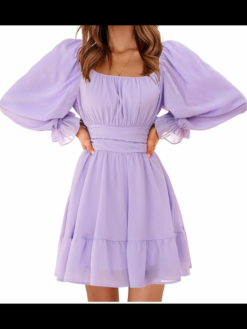 Lilac Puff-Sleeve Square Neck Mini Dress